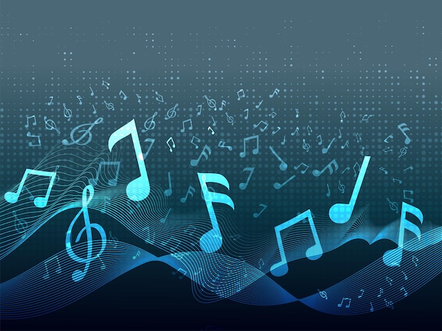 abstract wavy halftone effect background with blue music notes.