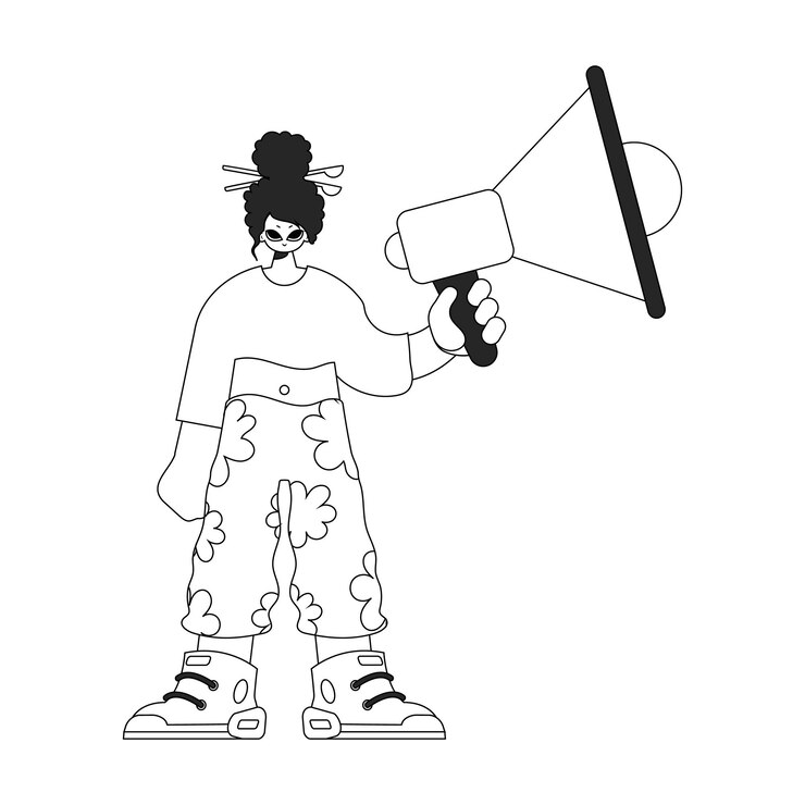 Vector accomplished hr specialist woman holding a megaphone in her hands hr topic linear newspaper black and white style