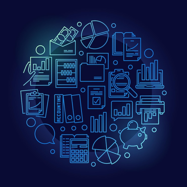 Accounting and research vector round concept blue linear illustration
