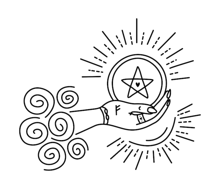 Vector ace of pentacles with rune fehu on the hand, black and white symbol of wealth
