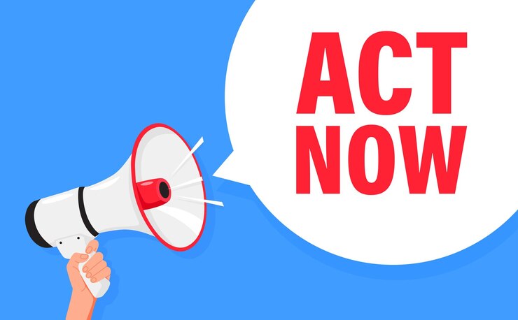 Vector act now hand hold megaphone speaker for announce attention please shouting people
