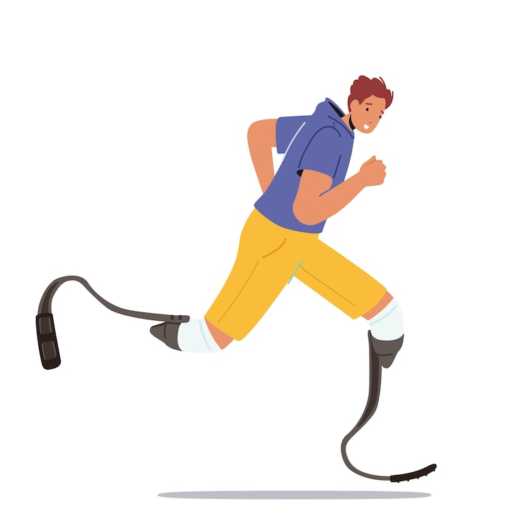 Vector active amputee man run marathon single male character athlete with leg prosthesis training disabled sportsman