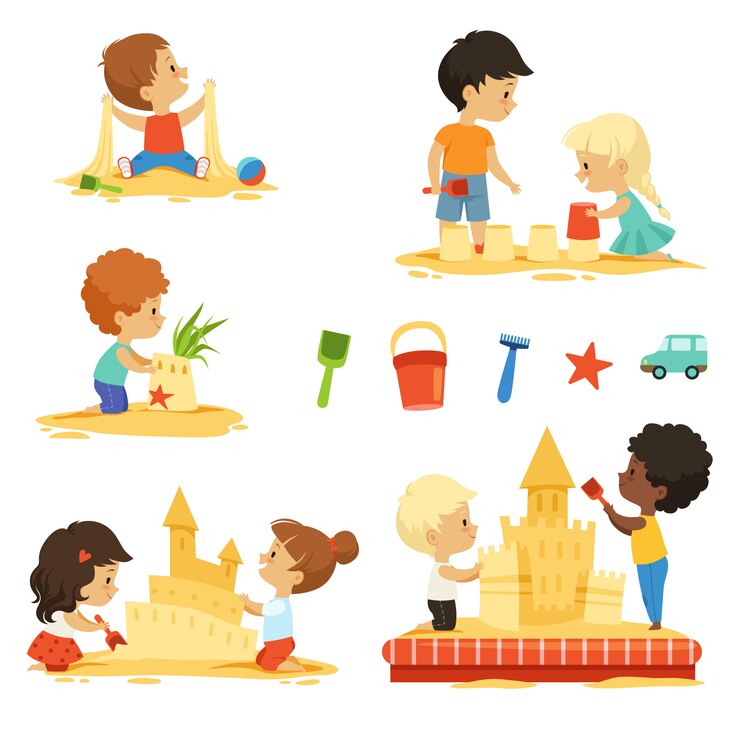 Vector active kids playing in the sandbox, happy characters isolate