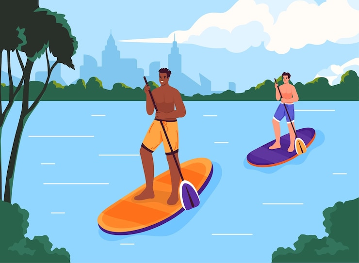 Vector active rest at boards man and woman at sufrboards with paddles at river active lifestyle and leisure