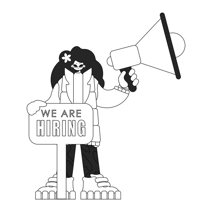 Vector adept hr specialist woman holding a megaphone in her hands hr topic linear newspaper black and white style