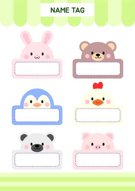 Adorable Animal Character Name Tag Sticker Vector Illustration