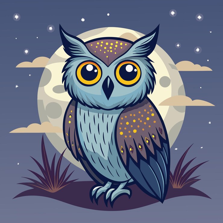 Vector adorable owl with moonlit background cartoon vector design