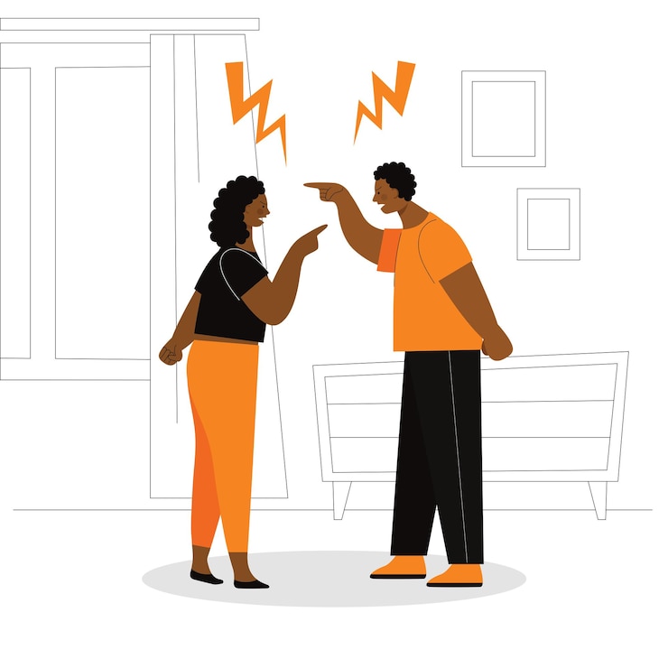 Vector adult african man and woman quarrel. concept of family conflicts, resentment, aggression, divorce. husband and wife scream and swear. flat vector illustration isolated.