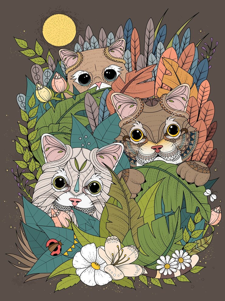 Vector adult coloring page wild kitties hiding behind plants
