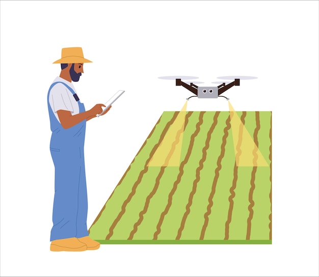 adult farmer cartoon character using remote mobile controlled drone for pesticide treatment