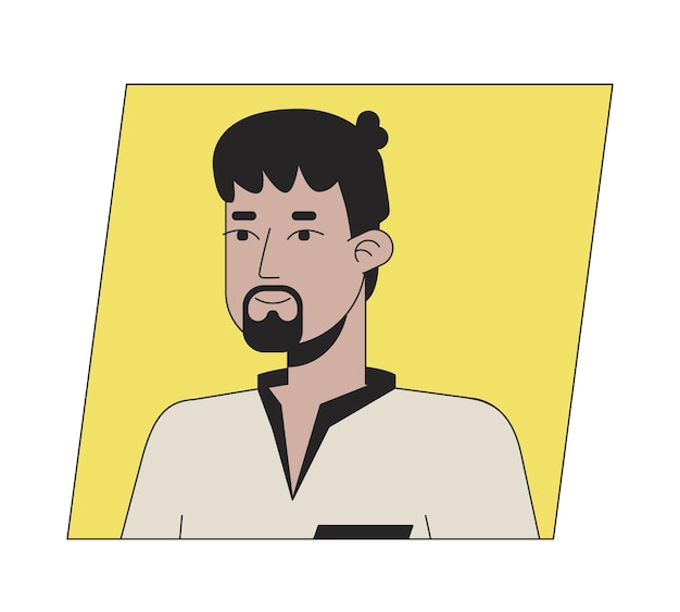 Adult indian man with black beard flat color cartoon avatar icon Editable 2D user portrait linear illustration Isolated vector face profile clipart Userpic person head and shoulders