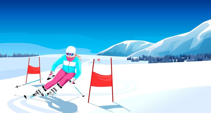Vector advanced skier slides near mountain downhill sports descent on skis in mountains hills winter activity skiing in winter alps winter sport resort with mountain landscape vector illustration