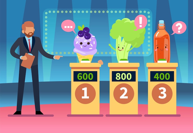 Vector advantage vegetables intellectual contest leader cartoon food characters competition benefits of healthy meal erudition tournament television show celery winner mascot vector concept