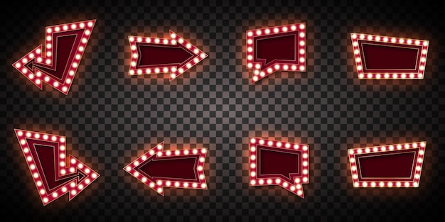 Advertising signs to attract customers. A set of eight different shapes, with glowing lights along the contour. Red tones. Gold border. On a transparent background. Isolated.