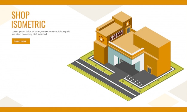 Advertising web poster or landing page deign with isometric shop building and street view background.