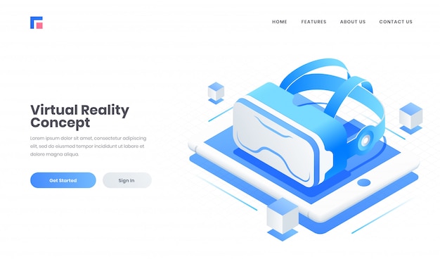 advertising website landing page design with 3d vr glasses on tablet screen for virtual reality concept.