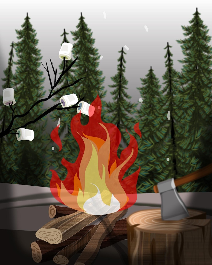 Vector aesthetic mood vector with beautiful scenery of the warmness of firewood melt marshmallows