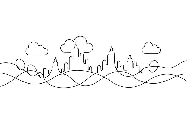 Vector aesthetic with cloudy panorama continuous line art flat vector illustration on white background