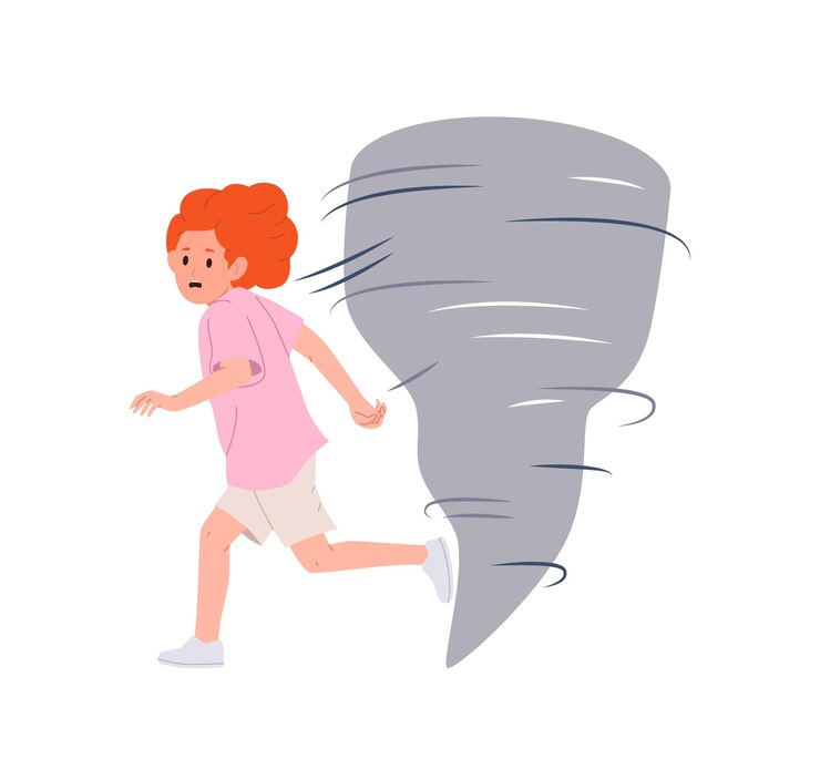 Vector afraid little girl child cartoon character running away from approaching tornado natural disaster