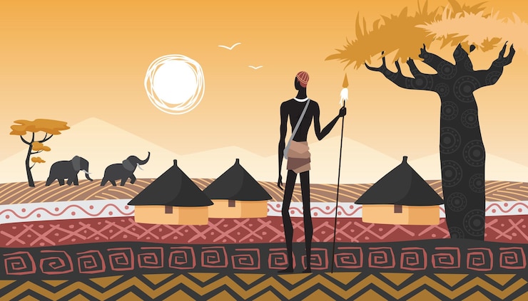 Vector africa landscape village and african people in abstract geometric savanna elephants