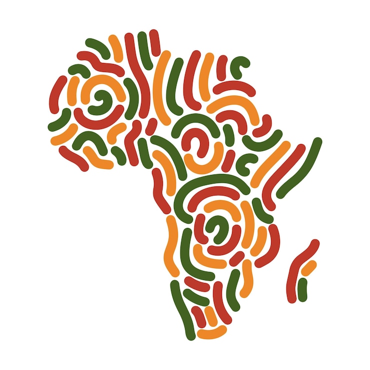 Vector africa map silhouette african continent abstract lines ornament in color of pan african flag