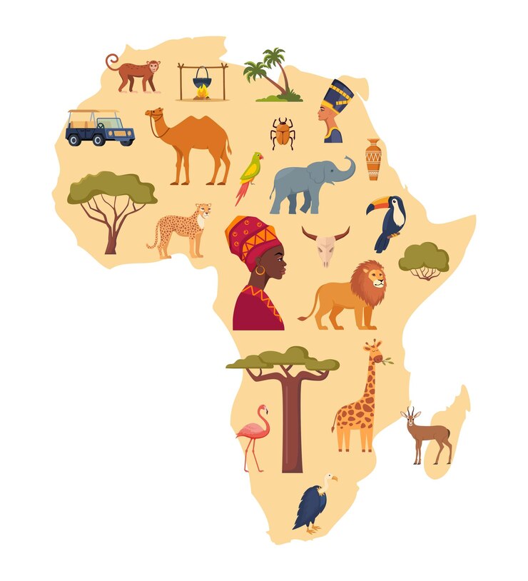Vector africa travel map decorative symbol of africa continent with ethnic vector icons