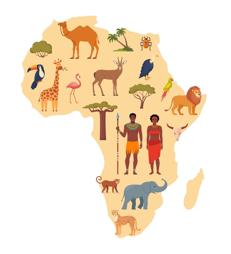 Vector africa travel map decorative symbol of africa continent with ethnic vector icons