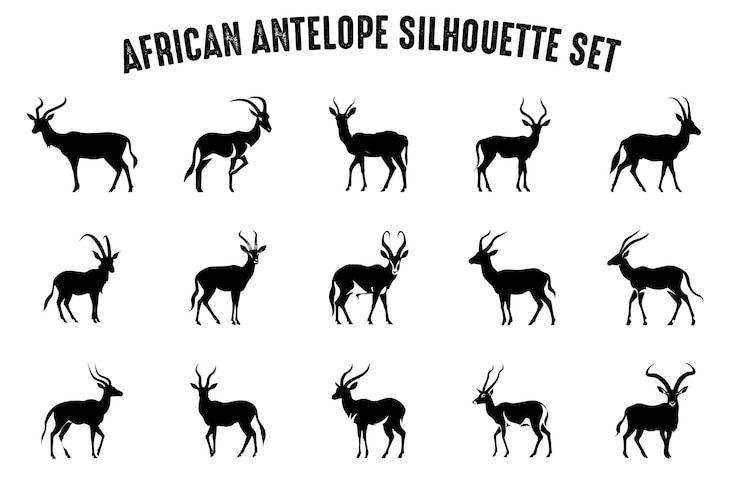 Vector african antelope vector silhouette bundle black silhouettes of antelope animals isolated on a white