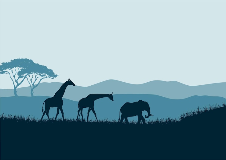 Vector african savannah landscape with giraffe and elephant silhouettes vector background illustration