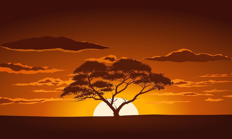 Vector african savannah sunset landscape with clouds