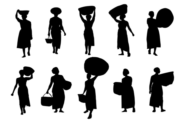 Vector african village woman silhouette working lady holding a basket set