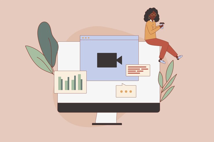 Afro woman in a conference call on a computer sitting with a cup of coffee