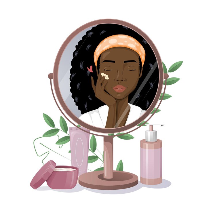 Vector afroamerican woman in the mirror having a morning beauty routine