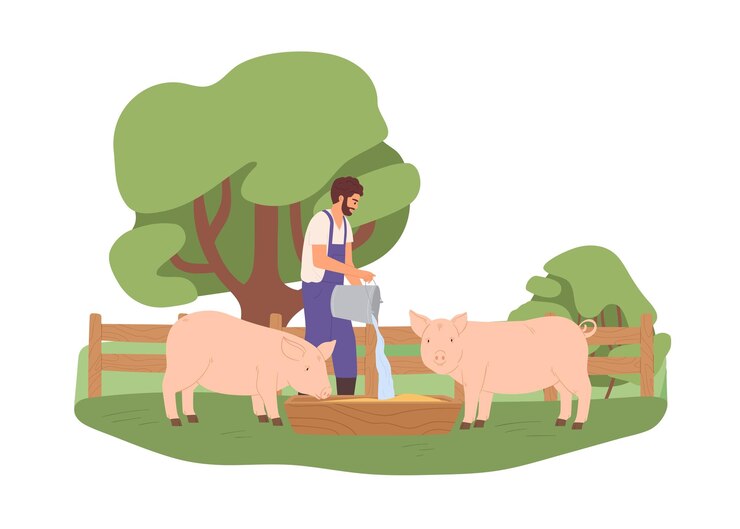 Agrarian pouring water from bucket into wooden trough for pigs. Young farmer feeding domestic swines in farm. Livestock care concept. Colored flat vector illustration isolated on white background.