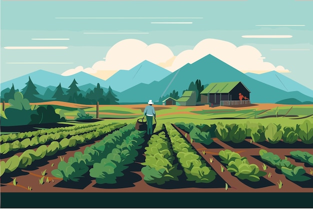 agriculture working in the field harvesting sunny day vector flat illustration