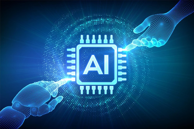 AI Artificial Intelligence Hands of Robot and Human touching Artificial Intelligence icon