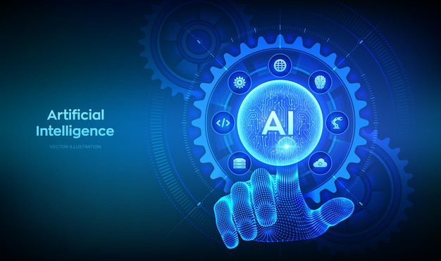 AI Artificial Intelligence Machine Learning Neural networks Wireframe hand touching holographic sphere with circuit board pattern Interface with connected gears and icons Vector illustration