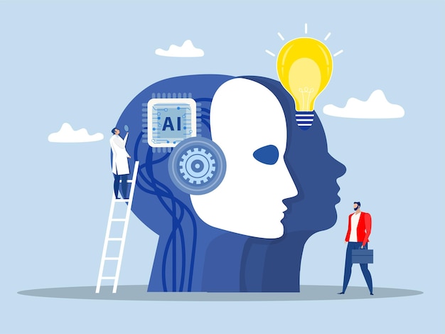 AI Artificial Intelligence or processing chip into human brain with Light bulb innovation