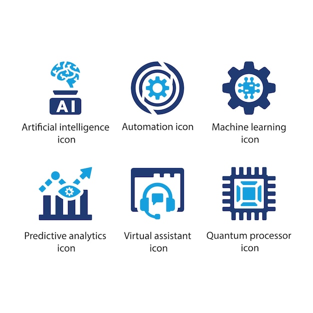 ai automation machine learning predictive analytics virtual assistant processor blue icon set