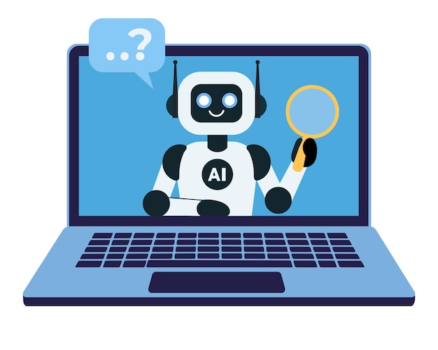 Ai chat bot on the laptop monitor screen searching information online support character artificial