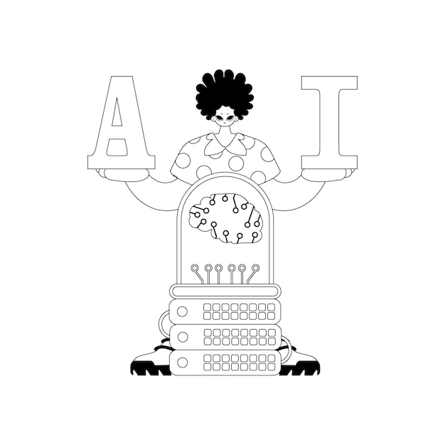 AI guy and server in vector linear style set on an artificial intelligence theme