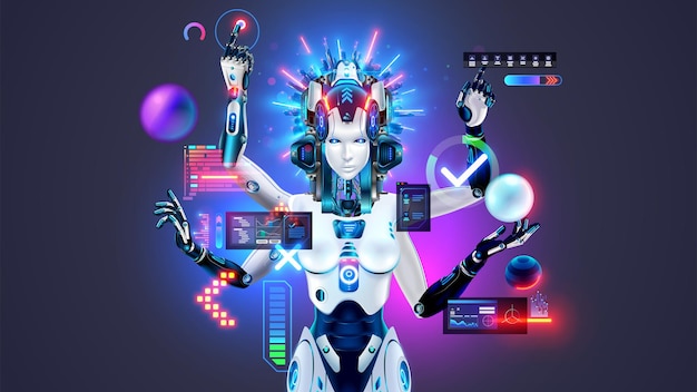 AI in image of female robot works with computer interface Bot with artificial intelligence Robot woman with four arms in image of goddess Kali AI neural network analyzes data works on HUD