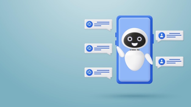AI robot with a smartphone A robot with chat conversation Artificial intelligence assistant bot in a smartphone application Concept of AI and machine learning 3D Rendering Vector illustration