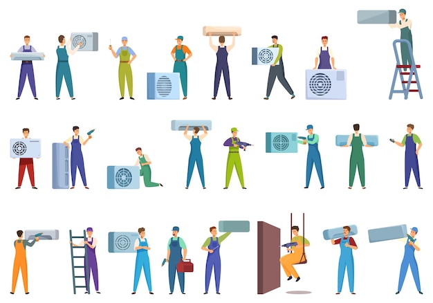 Air conditioner installer icons set cartoon vector Service house