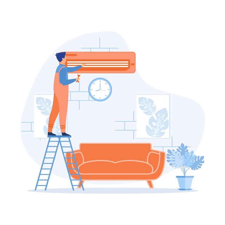 Vector air conditioner repair or installation illustration with unit breakdown maintenance service