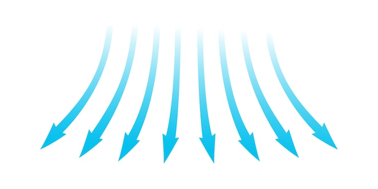 Air flow Blue arrows showing direction of air movement Wind direction arrows Blue cold fresh stream from the conditioner Vector illustration isolated on white background