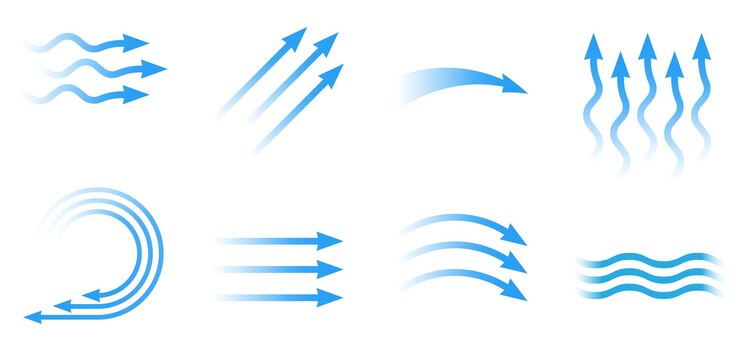 Vector air flow set of blue arrows showing direction of air movement wind direction arrows blue cold fresh stream from the conditioner