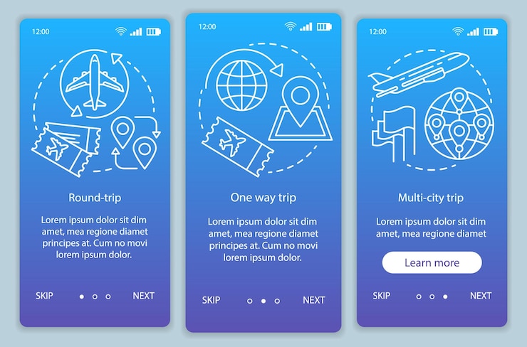 Vector aircraft flight ticket blue onboarding mobile app page screen vector template