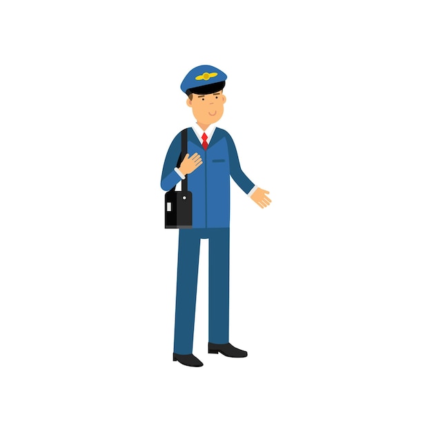 airline pilot in blue uniform standing with bag, aircraft captain vector illustration on a white background