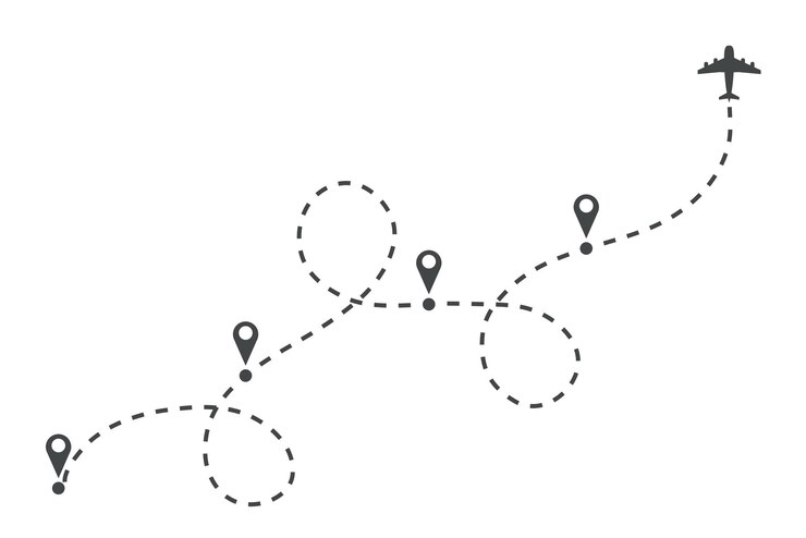 Vector airplane dotted route line flight tourism route path plane flight itinerary starting pin destination